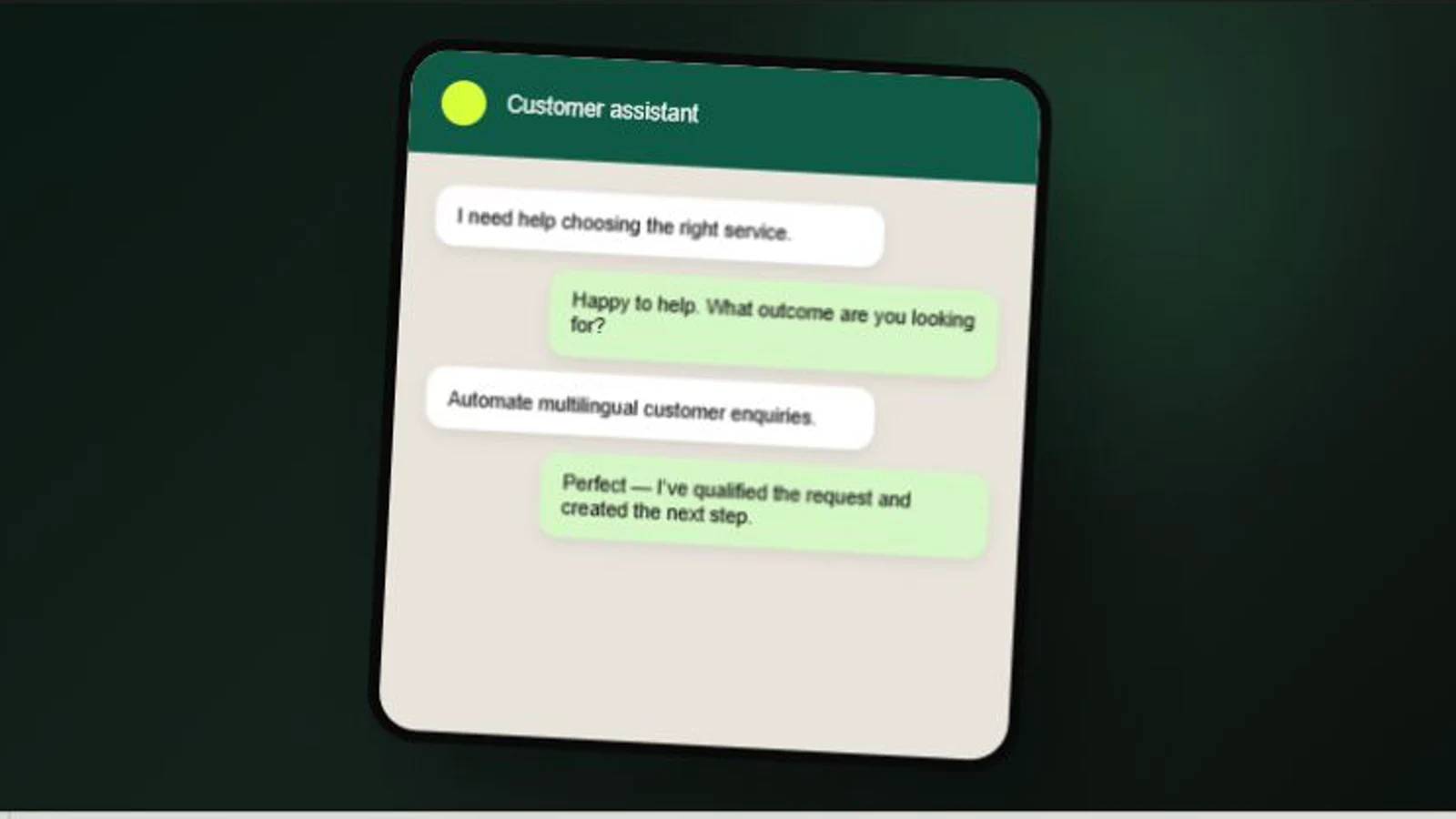 WhatsApp automation assistant qualifying a customer request