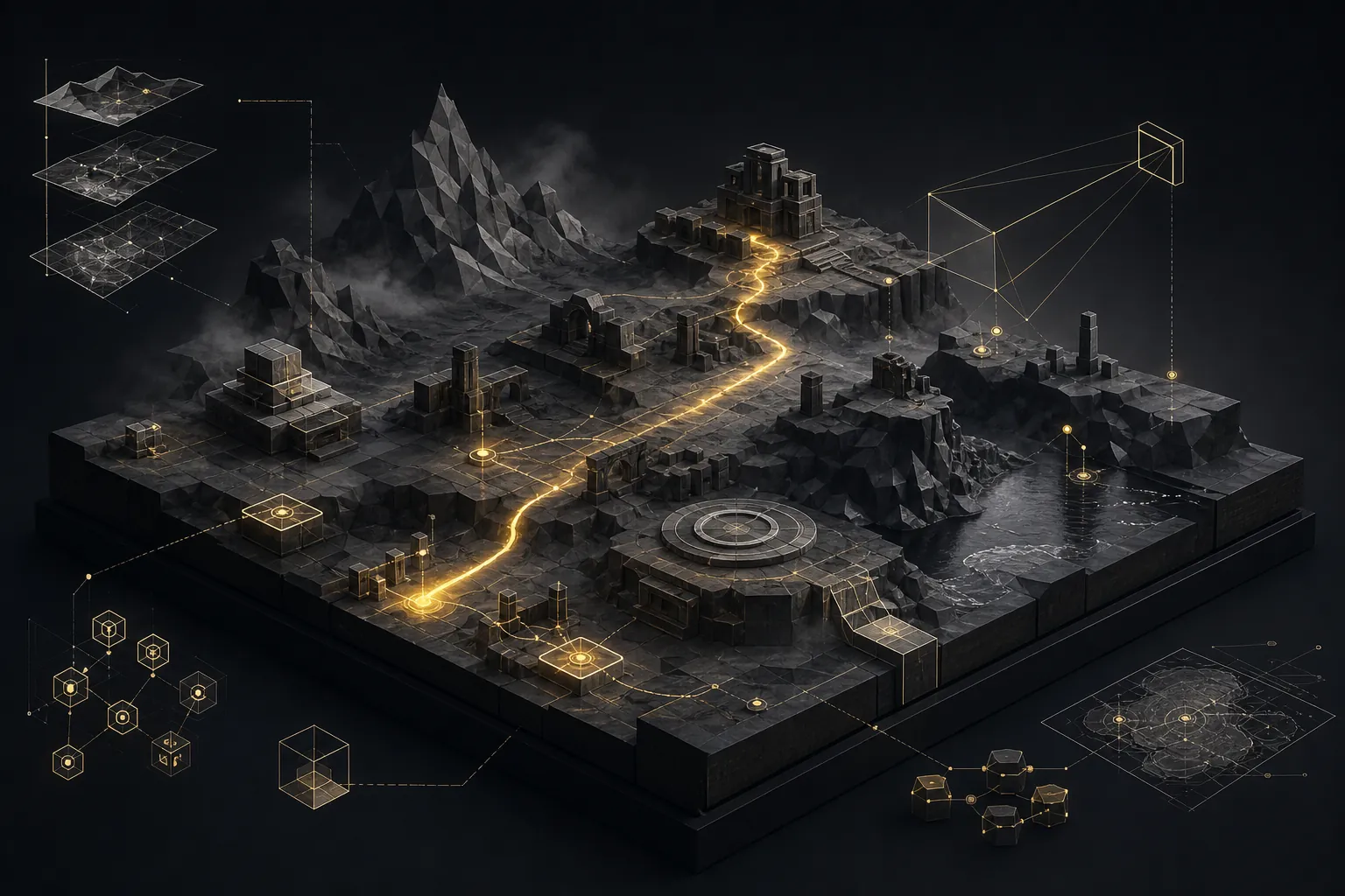 Interactive game world system with modular terrain and a luminous route