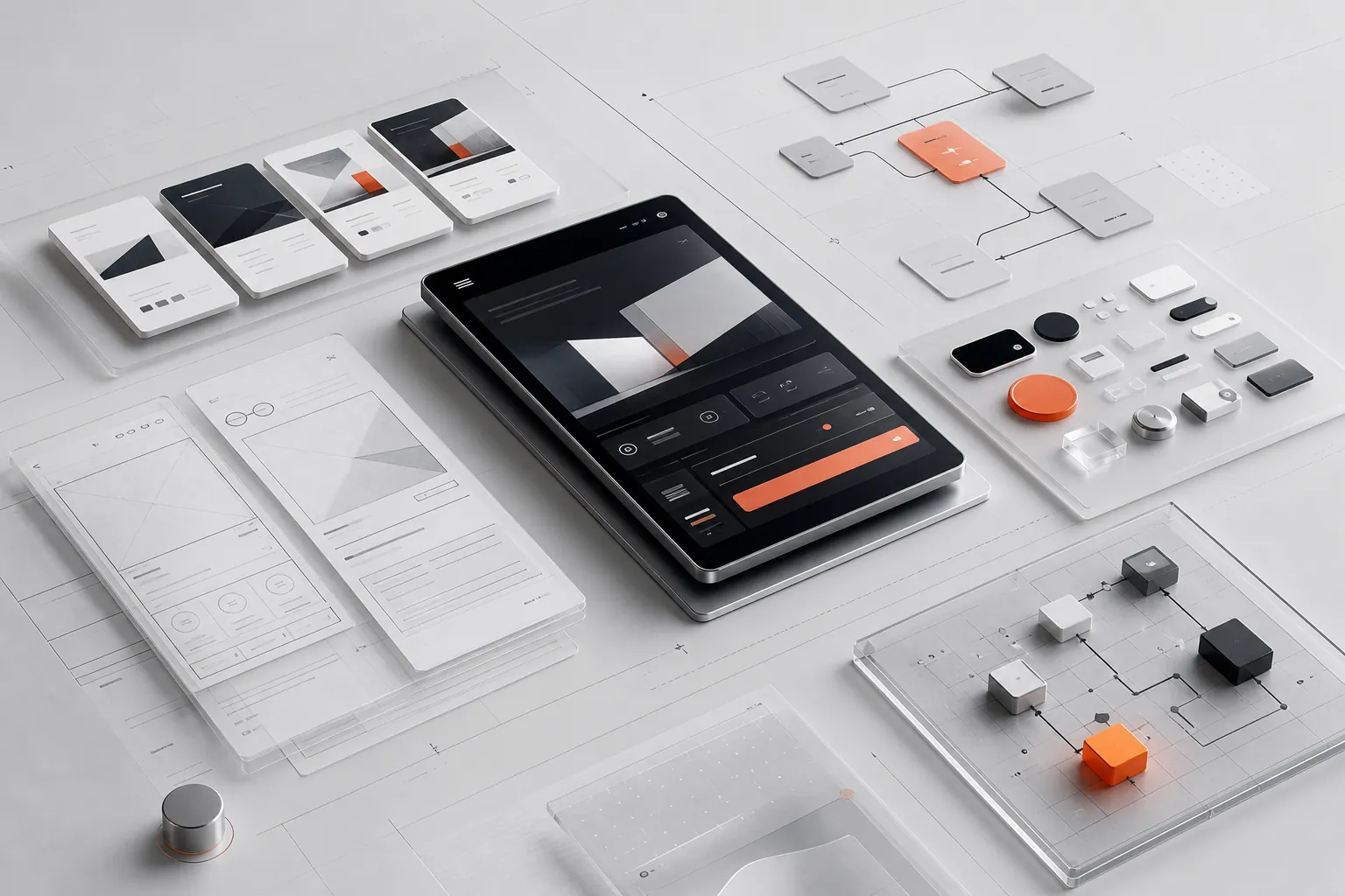 Product design system progressing from wireframes to a finished interface